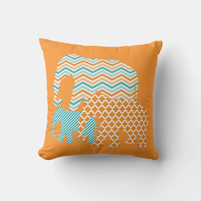 Coussin Aqua et carreau orange d'éléphants (Recto)