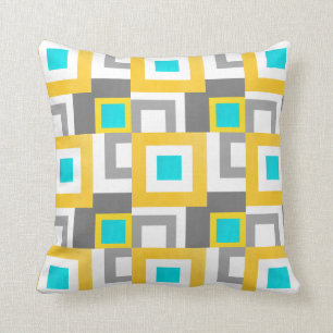 Coussin Aqua gris jaune blanc Abstrait Carrés géométriques
