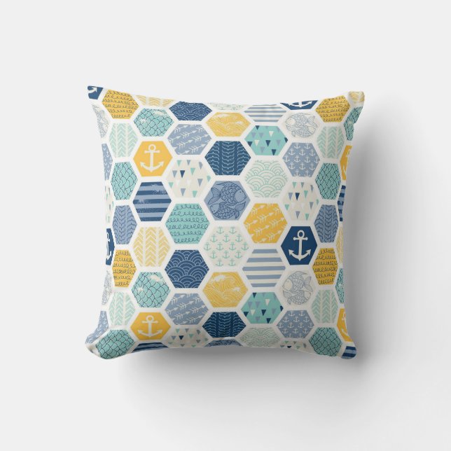 Coussin Aqua Jaune Motif de carreaux côtiers nautiques (Recto)