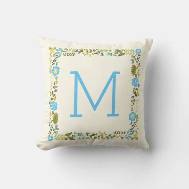 Coussin Aqua moderne et bordure fleurie jaune et monogramm (Recto)