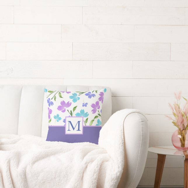 Coussin Aqua Periwinkle Purple Aquarelle tiges (Canapé)