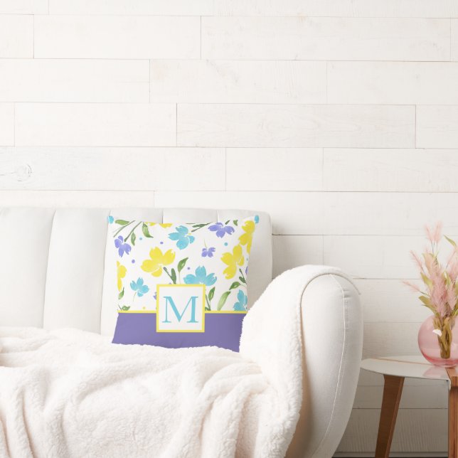 Coussin Aqua Periwinkle Yellow Aquarelle tiges (Canapé)