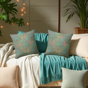 Coussin Aqua sarcelle sur motif damassé vintage marron