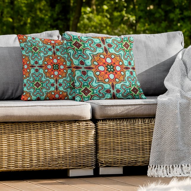 Coussin Aqua Turquoise Bleu Orange Rouge Brown Tribal Art (Créateur téléchargé)