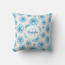 Coussin Aqua turquoise bleu sable dollar aquarelle nom per