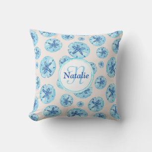 Coussin Aqua turquoise bleu sable dollar aquarelle nom per