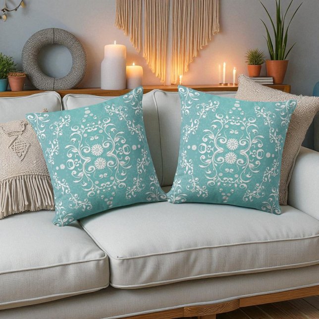 Coussin Aqua Turquoise et blanc Damas florales (Créateur téléchargé)