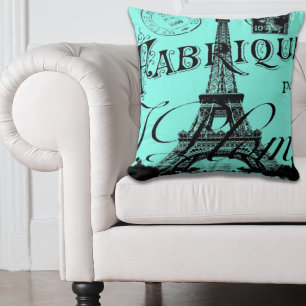 Coussin aqua turquoise scripts turquoises Paris Tour Eiffe