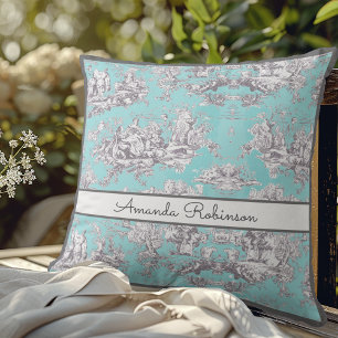 Coussin Aqua vintage fleuri bleu toile de jouy monogramme