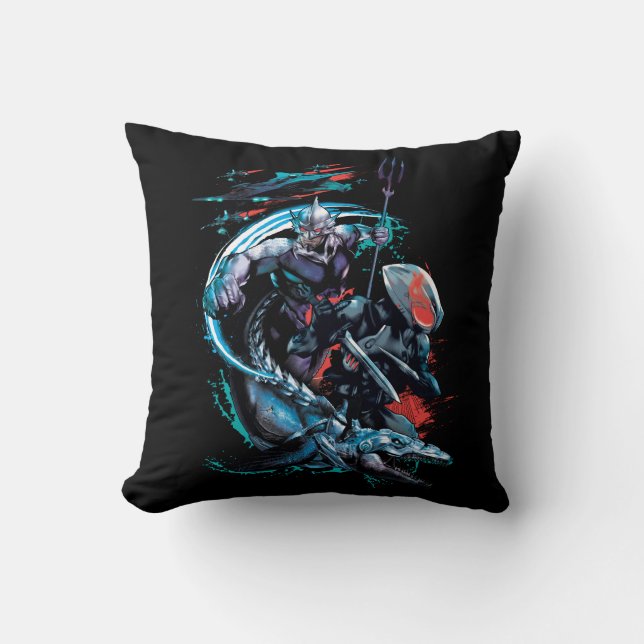 Coussin Aquaman | Orm, Manta Noir, Tylosaur, & Ships (Recto)