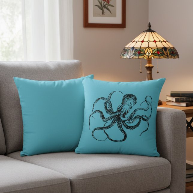 Coussin Aquamarine Blue Octopus Throw Pillow (Octopus throw pillow. Add a splash of color and nautical feel to your home.)