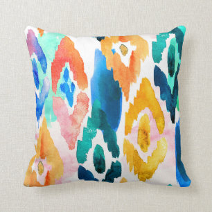 Coussin Aquarelle Abstrait Ikat Motif Orange Green Blue