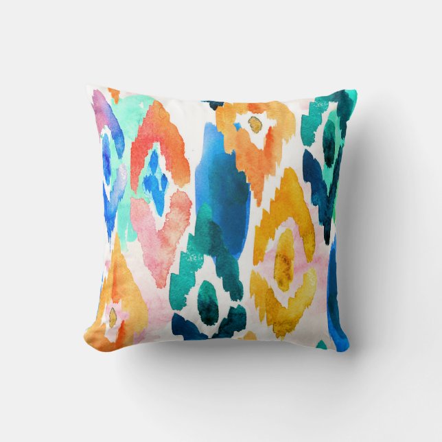 Coussin Aquarelle Abstrait Ikat Motif orange Vert bleu (Recto)