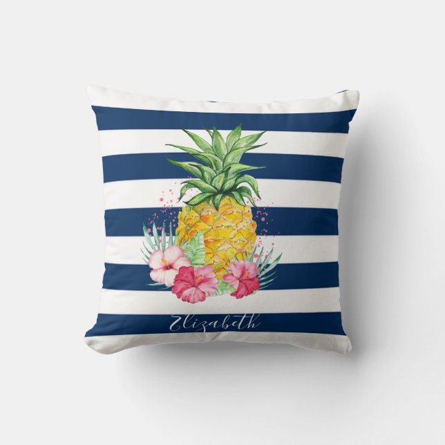 Coussin Aquarelle Ananas Hibiscus, Bleu marine (Recto)