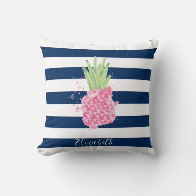 Coussin Aquarelle ananas Tropical, Bleu marine rayé (Recto)
