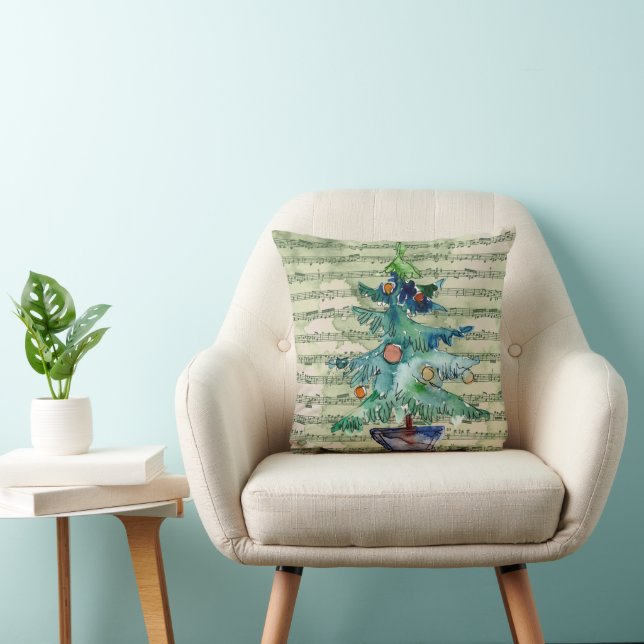Coussin Aquarelle Arbre de Noël & Musique (Chaise)
