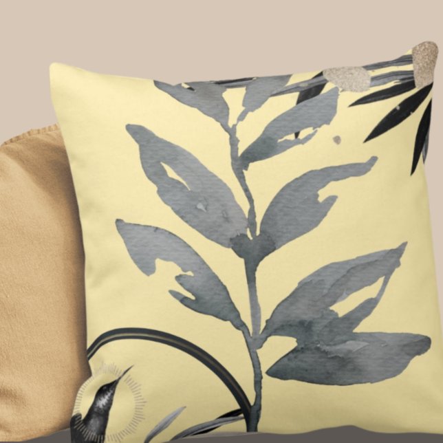 Coussin Aquarelle artistique jaune et gris Feuilles (Créateur téléchargé)
