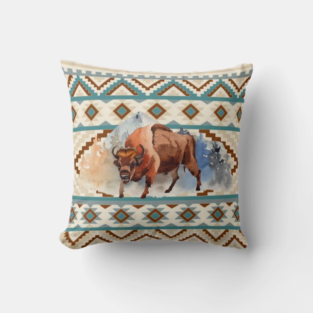 Coussin Aquarelle Bison Buffalo Motif tribal du sud-ouest (Recto)