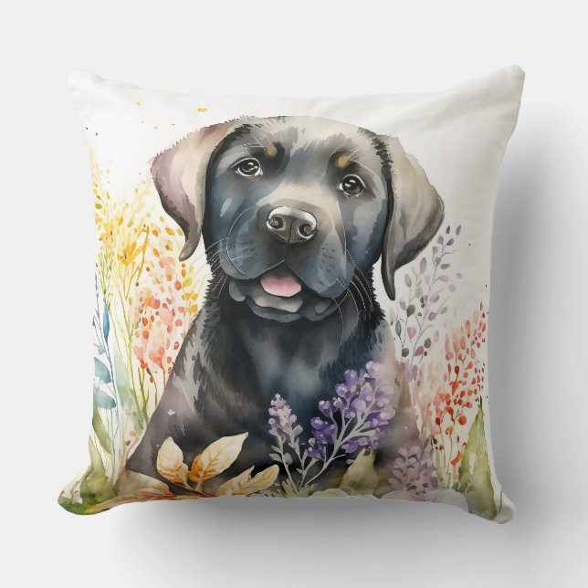 Coussin Aquarelle Black Labrador Retriever et Fleurs (Recto)