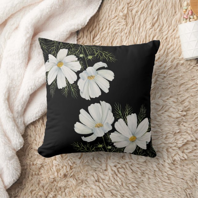 Coussin Aquarelle Blanc Cosmos Fleurs Peinture Botanique (Couverture)