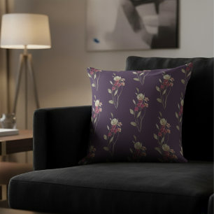 Coussin Aquarelle blanche mignonne Motif floral pourpre