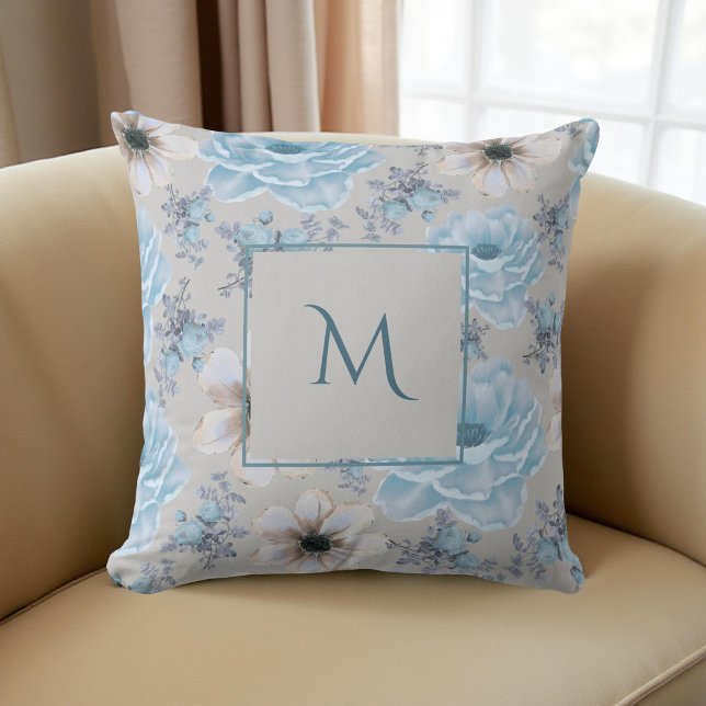 Coussin Aquarelle bleu argenté Script de floraison (Créateur téléchargé)