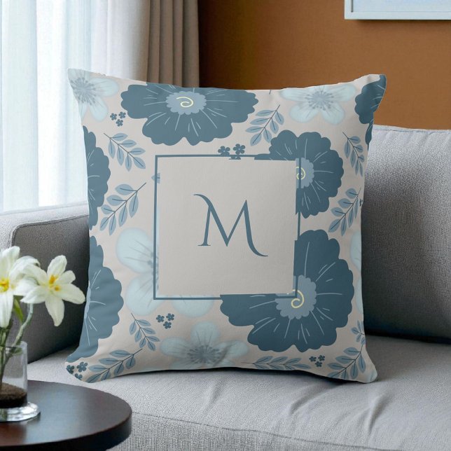 Coussin Aquarelle bleu argenté Script de floraison (Créateur téléchargé)