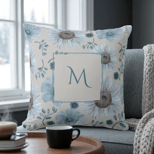Coussin Aquarelle bleu argenté Script de floraison