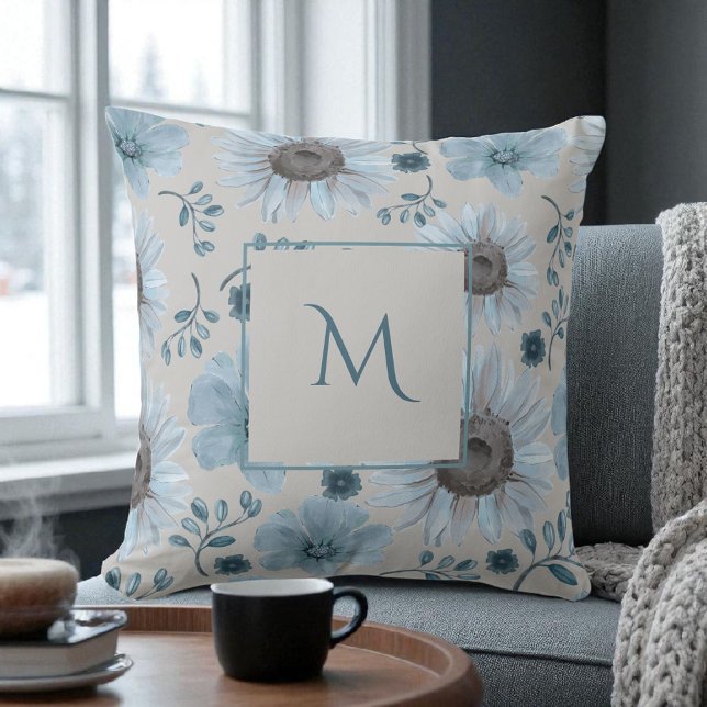 Coussin Aquarelle bleu argenté Script de floraison (Créateur téléchargé)