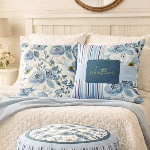 Coussin Aquarelle bleu classique Floral rayé Personnaliser