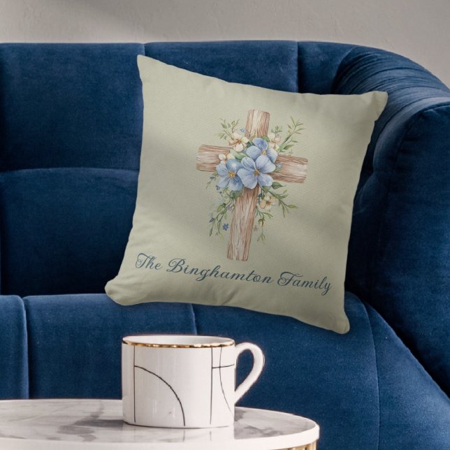 Coussin Aquarelle bleu Floral Croix personnalisée (Watercolor Blue Floral Cross Personalized Throw Pillow
)