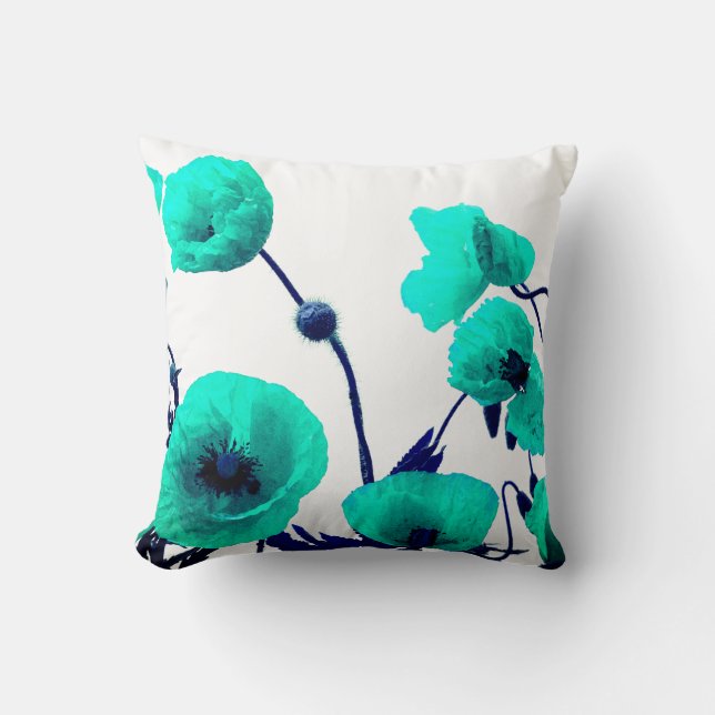 Coussin Aquarelle bleu Floral Fleurs de pavot blanc modern (Recto)