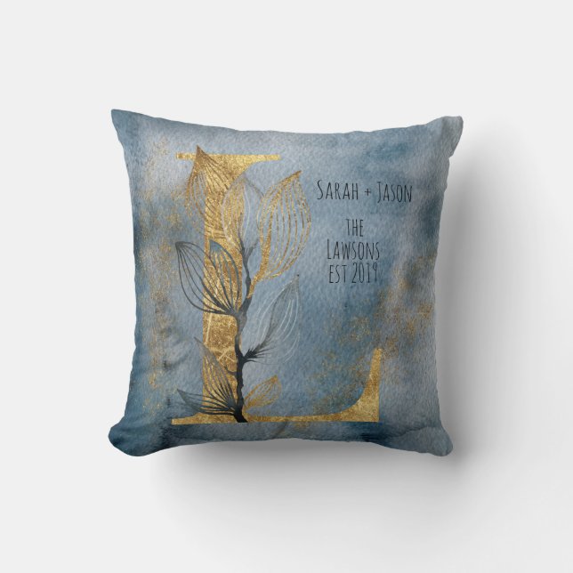 Coussin Aquarelle Bleu Gris Or L Monogramme Jeu d'oreiller (Recto)