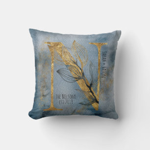 Coussin Aquarelle Bleu Gris Or N Monogramme Jeu d'oreiller