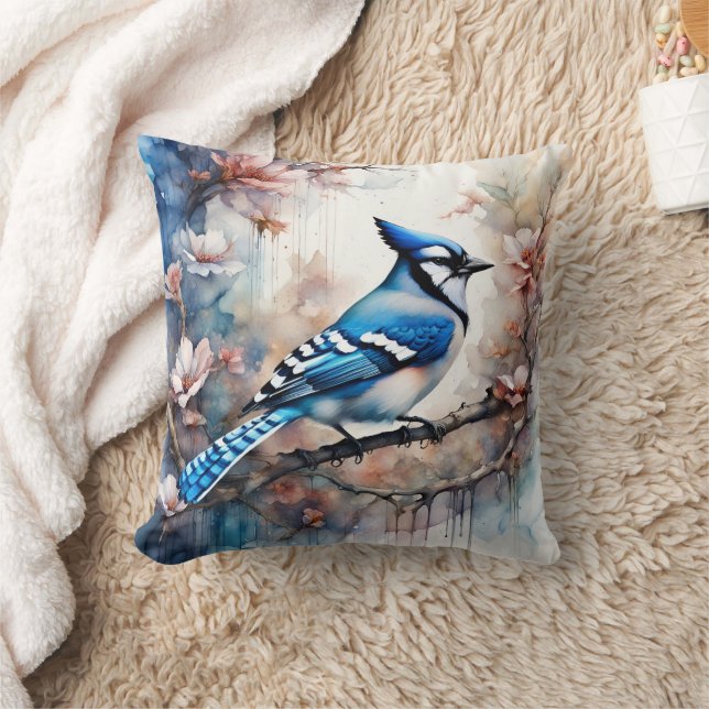 Coussin Aquarelle bleu Jay Cherry Blossoms (Couverture)
