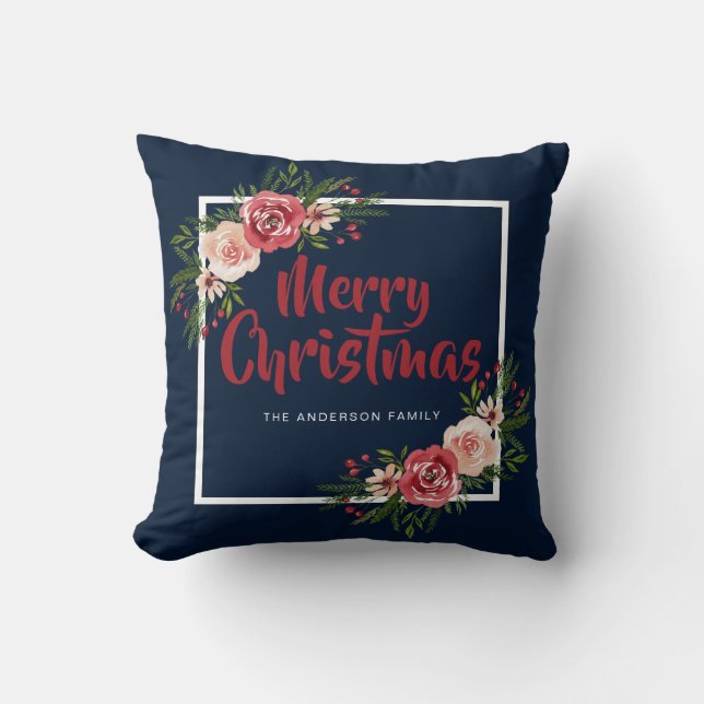 Coussin Aquarelle bleu marine Floral Joyeux Noël (Recto)