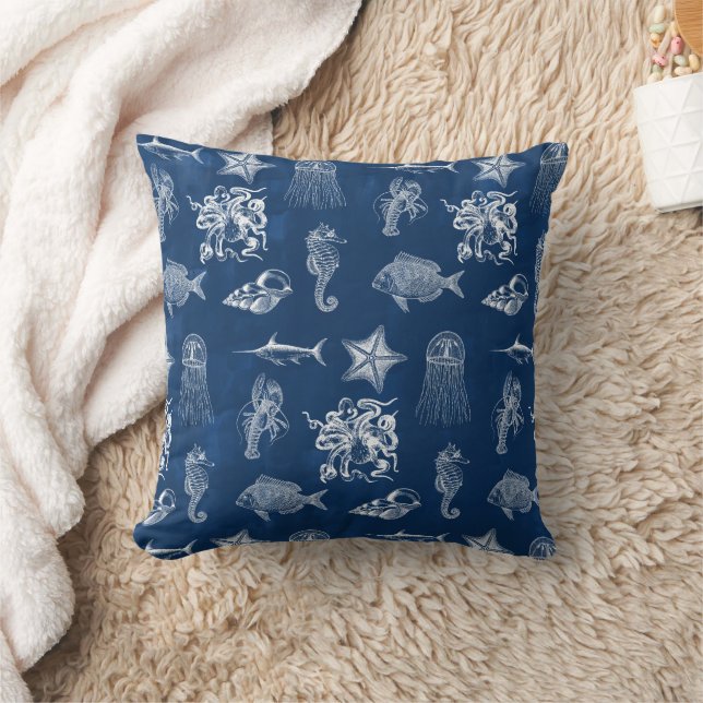 Coussin Aquarelle bleu marine Océan Animaux marins (Couverture)
