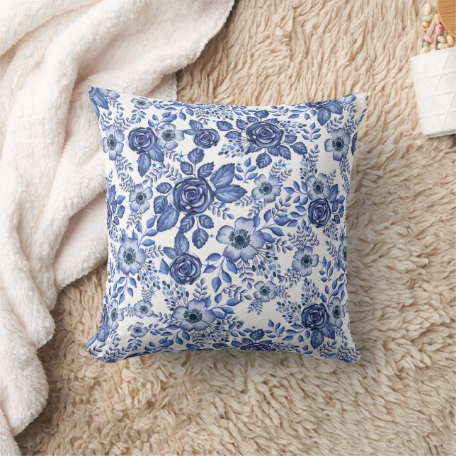 Coussin Aquarelle bleu motif floral (Couverture)