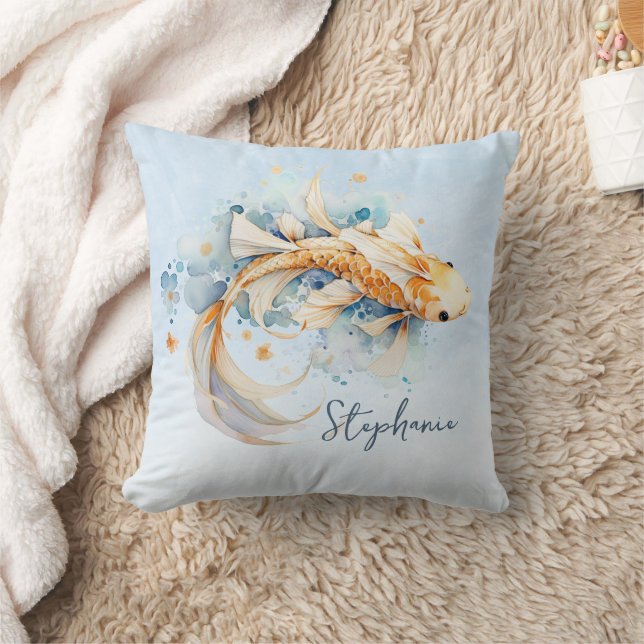Coussin Aquarelle bleu or Koi poisson personnalisé (Couverture)