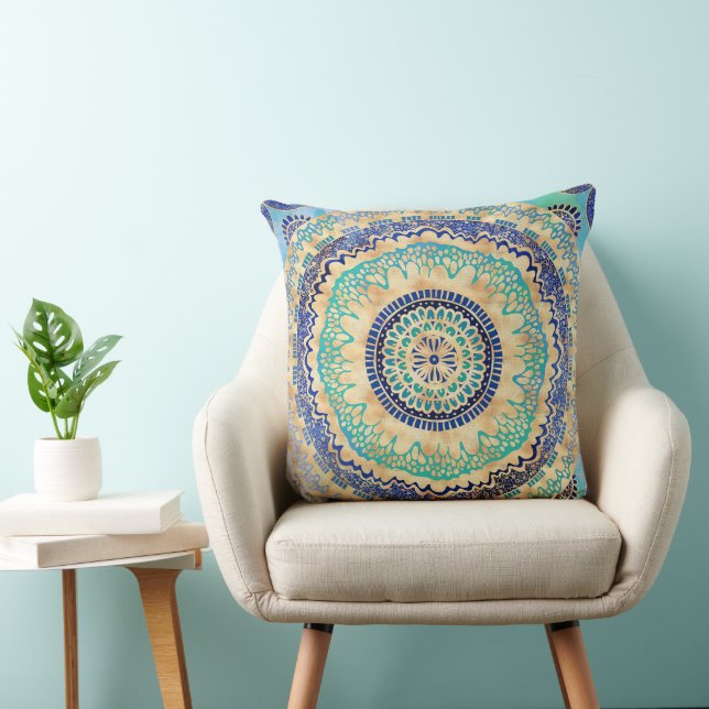 Coussin Aquarelle bleu or Mandala (Chaise)