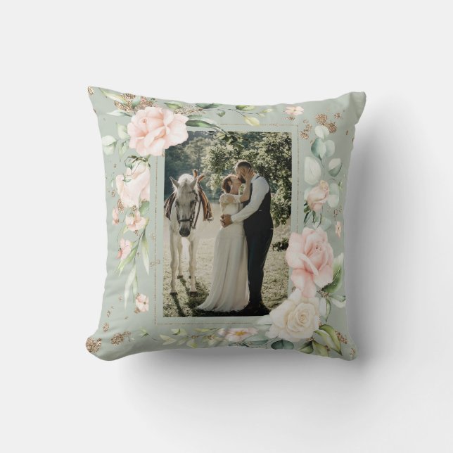 Coussin Aquarelle bleu Sage Green Photo Mariage Floral (Recto)