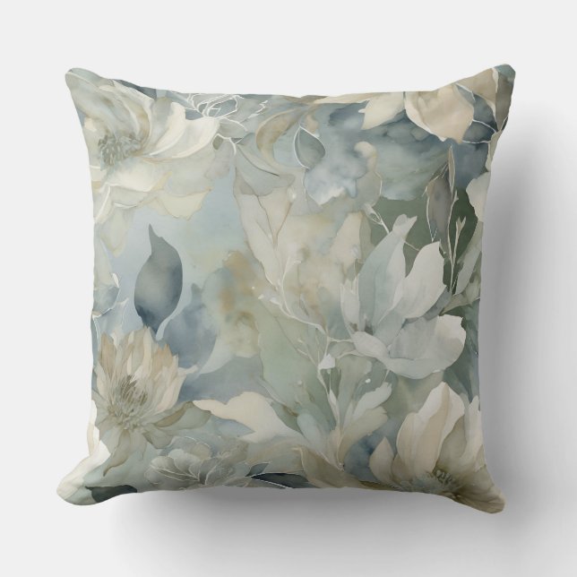 Coussin Aquarelle bleu turquoise Vert Sage Beige Floral (Recto)