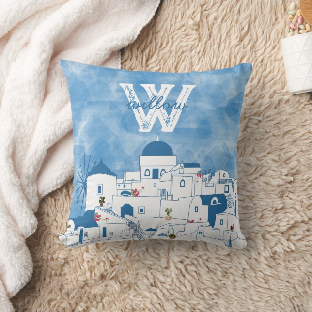 Coussin Aquarelle bleue et blanche Santorin Grèce Monogram (Couverture)