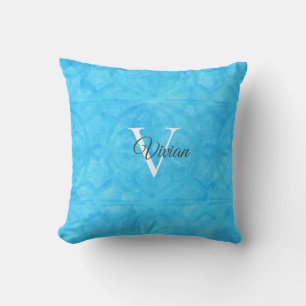 Coussin Aquarelle bleue Monogramme Nom Pilote