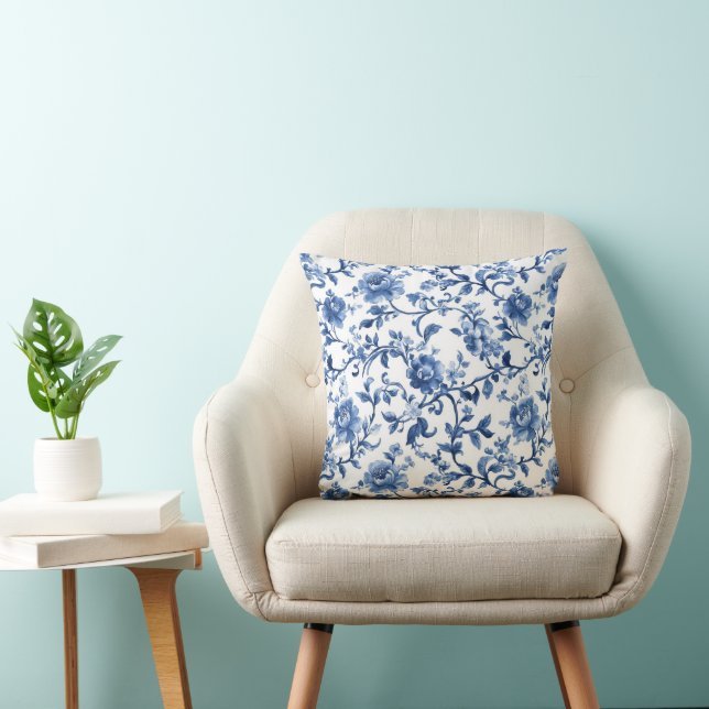 Coussin Aquarelle bleue Toile Florale Chinoiserie Élégante (Chaise)