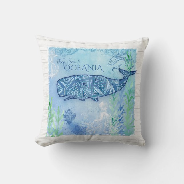 Coussin Aquarelle Blue Whale Beach Octopus Starfish Décor (Recto)