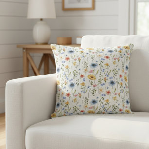 Coussin Aquarelle Bohème Bleu Jaune Rose Fleur Sauvage