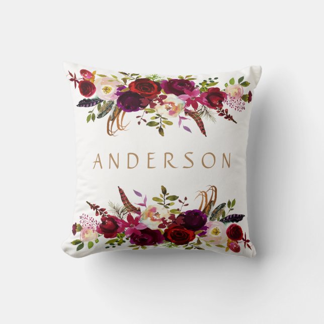 Coussin Aquarelle Bohème Floral Bourgogne Marsala Blanc (Recto)