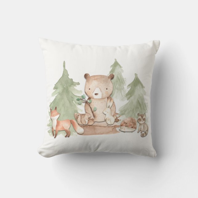 Coussin Aquarelle Bois Forêt Animaux Nourriture Chambre (Recto)