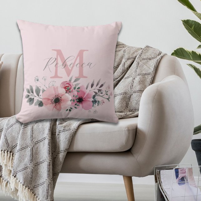 Coussin Aquarelle botanique chic rose pâle (Botanical chic blush pink watercolor floral throw pillow)